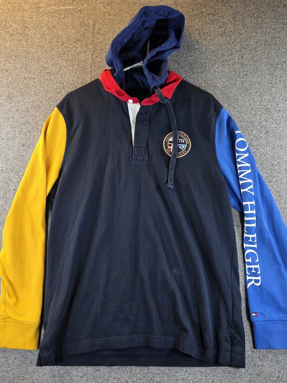Tommy Hilfiger Men M Colorblock Rugby Hoodie Spellout Crest Navy Blue Yellow